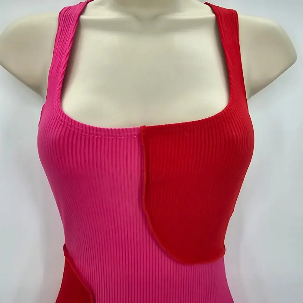 Naked Wardrobe Womans size XL Rib Colorblock Racerback Midi Dress Pink/Red NWOT - Picture 2 of 8